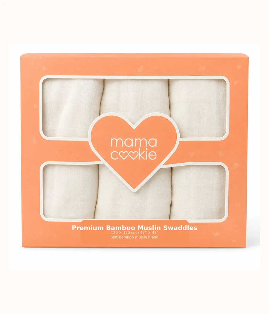 All-white Mama Cookie bamboo muslin swaddle set
