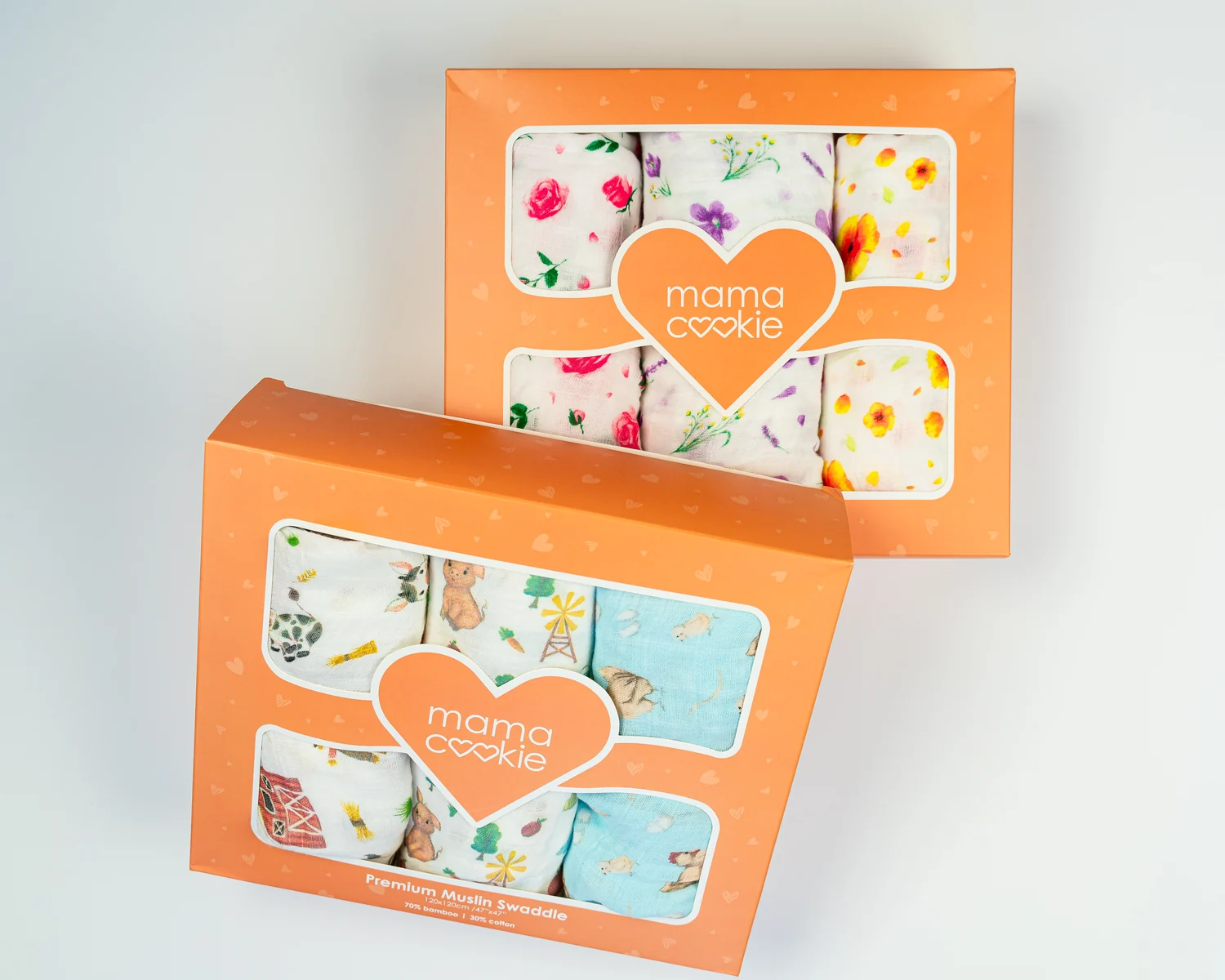 Floral and farm Mama Cookie bamboo muslin swaddle combo set