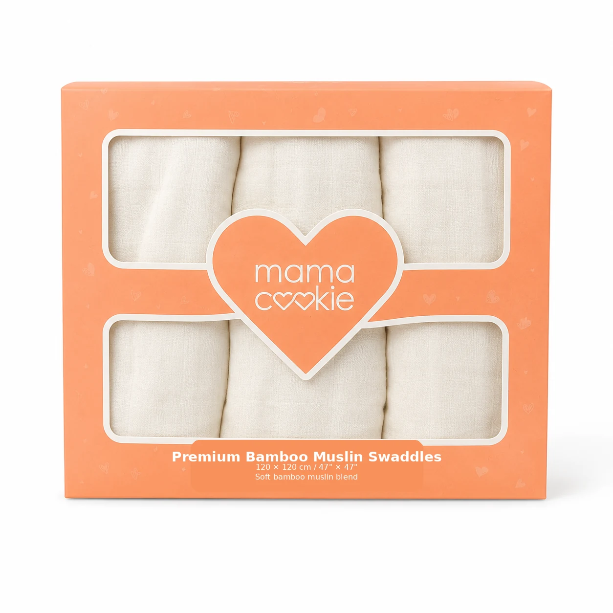 Mama Cookie packaging-style image showing rolled cream swaddles in a coral gift box